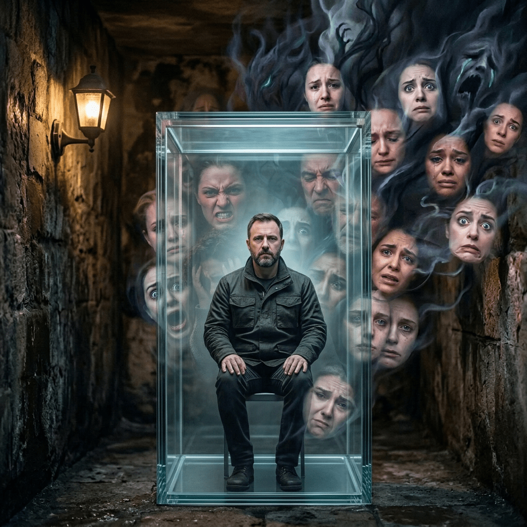 Immagine attuale: Person crouching with head in hands surrounded by ghostly faces showing anger, fear, sadness, and distress